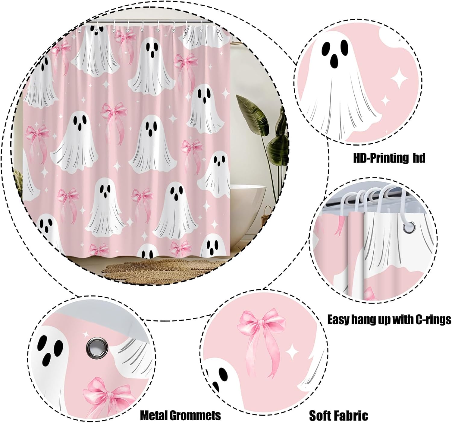 Halloween Ghost Shower Curtain,Cute Spooky Bow Festival White Pink Polyester Bathroom Curtain with 12 Hooks,Bathtub Home Decor,70x78 Inch