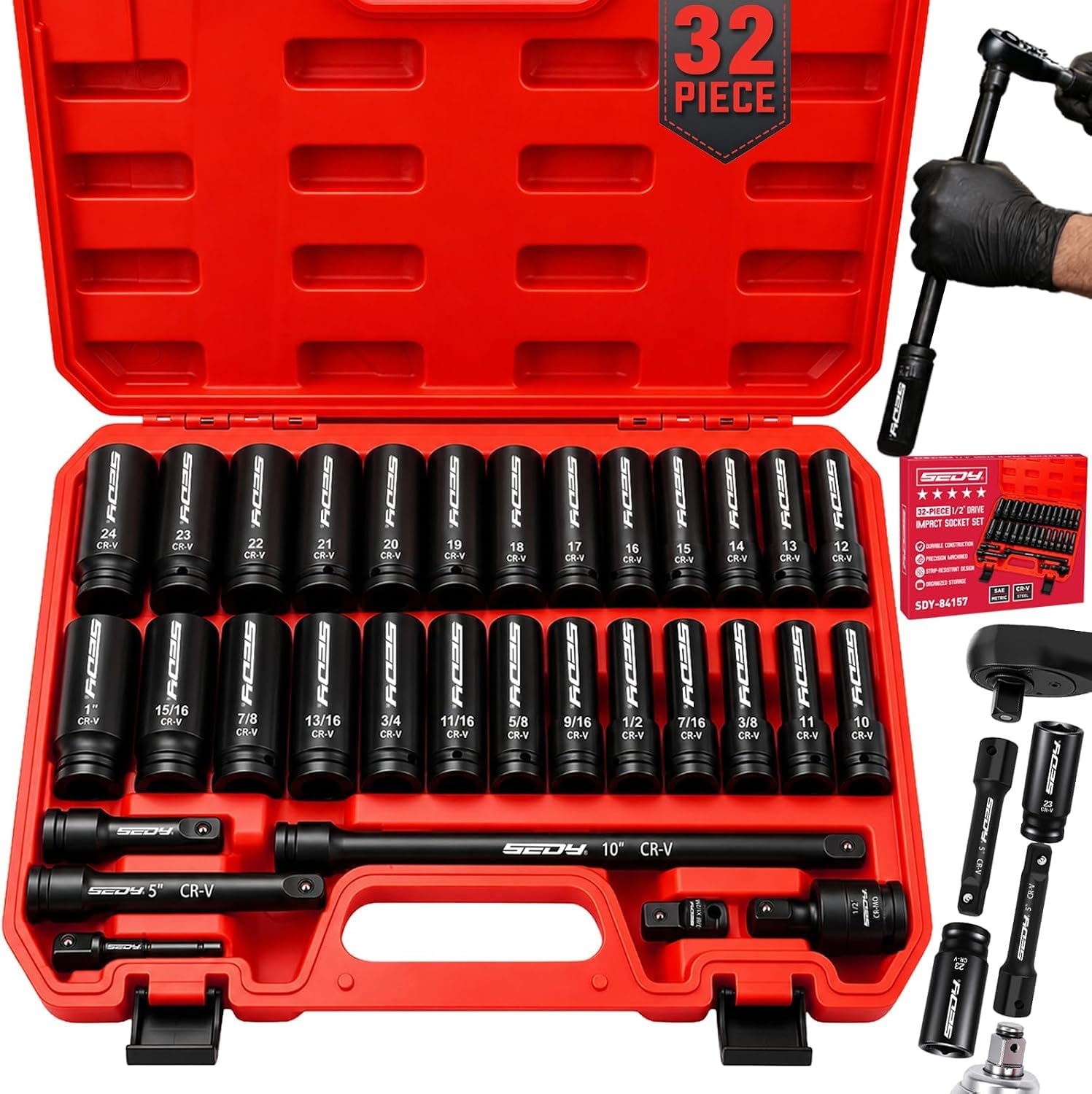 32-Piece 1/2" Drive Impact Socket Set, Metric SAE Deep Sockets, CR-V Steel | Metric 10–24…