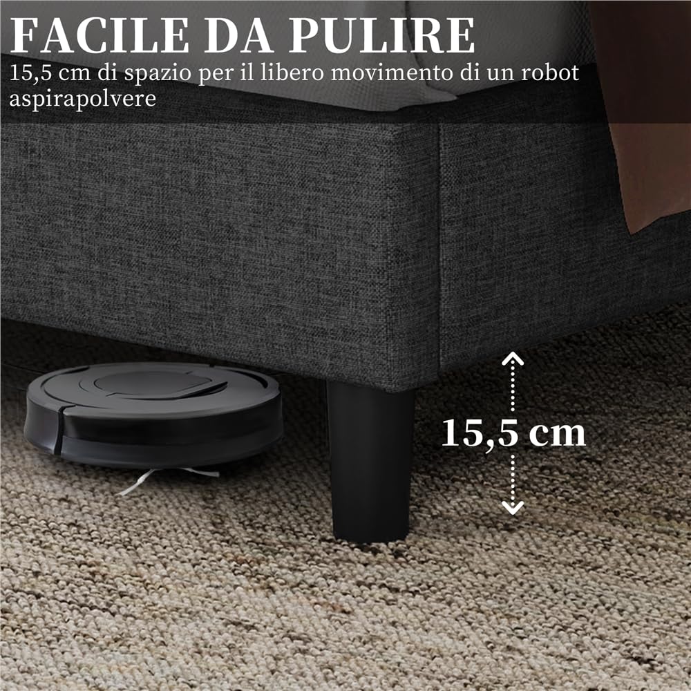 Yaheetech Letto Imbottito 140 x 200 cm con Testiera Quadrata Altezza Regolabile Doghe in Legno Grigio Scuro
