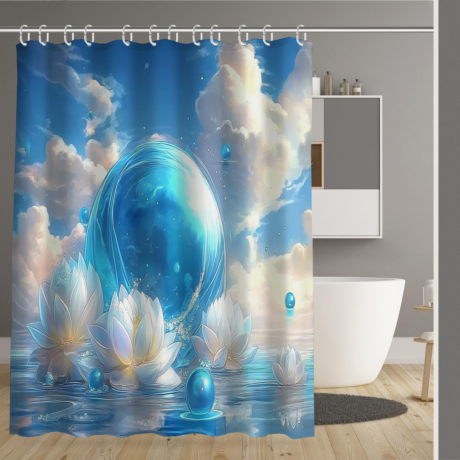 Rideau de douche imperméable lotus bleu anti-moisissure pour baignoire 180x180
