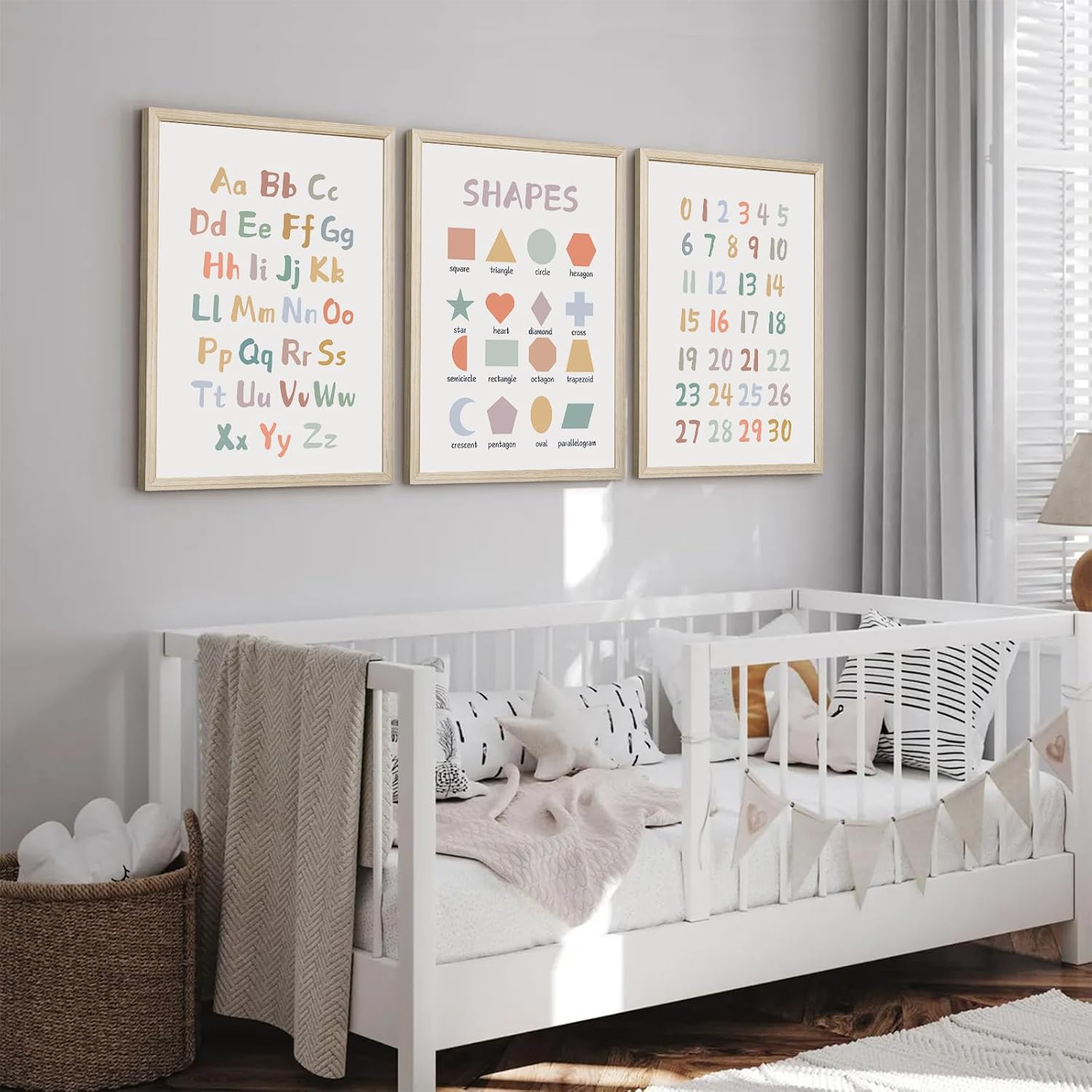 Kids Playroom Wall Art Decor Nursery ABC Alphabet Poster Play Room Canvas Wall Decor Toddler Childrens Educational Artwork Numbers Shapes Prints ABC Picture for Playroom 12x16 Inch Framed Set of 3