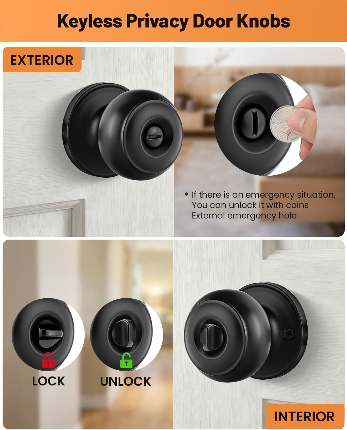Black Door Knobs, 10 Pack Privacy Door Knobs Interior Door Knob for Bedroom/Bathroom Keyless Doorknobs Interior/Exterior Lockset, Black Modern Design Door Hardware