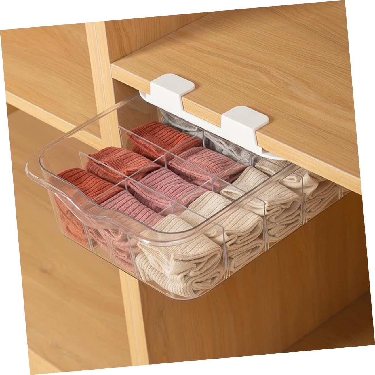 Adhesive Under Shelf Drawer Storage Box with Transparent Compartments Practical Sock and Underwear Organizer for Wardrobe Dustproof Easy Installation and Quick Access