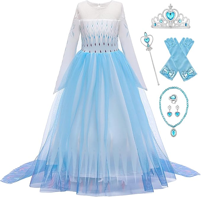 Eiskönigin Elsa Kostüm Für Mädchen - Prinzessinnen Kleid Mit Krone & Zauberstab Für Verkleidungspartys