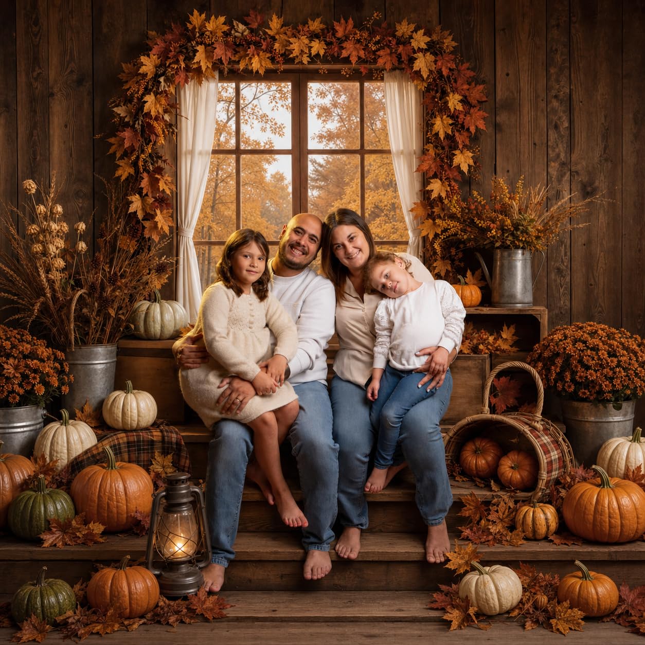 Rustykalne jesienne tło fotograficzne z drewnianym oknem Kate 7 x 5 stóp / 2,2 x 1,5 m drewniana chata z dyniami idealna na rodzinne sesje zdjęciowe baby shower imprezy i portrety