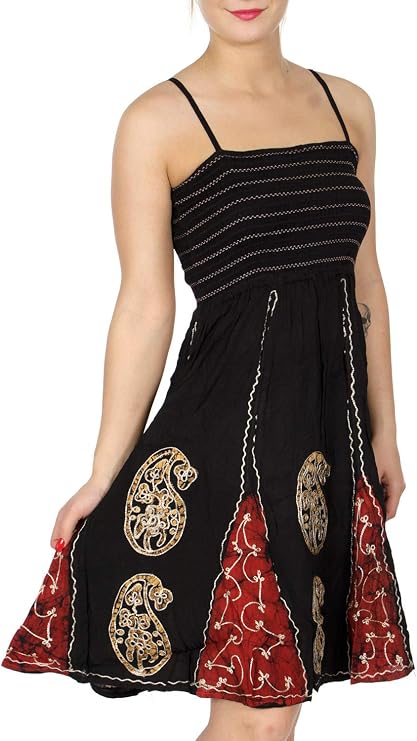 SERENITA Embroidered Adjustable Spaghetti Strap Beach Summer Batik Dress for Women