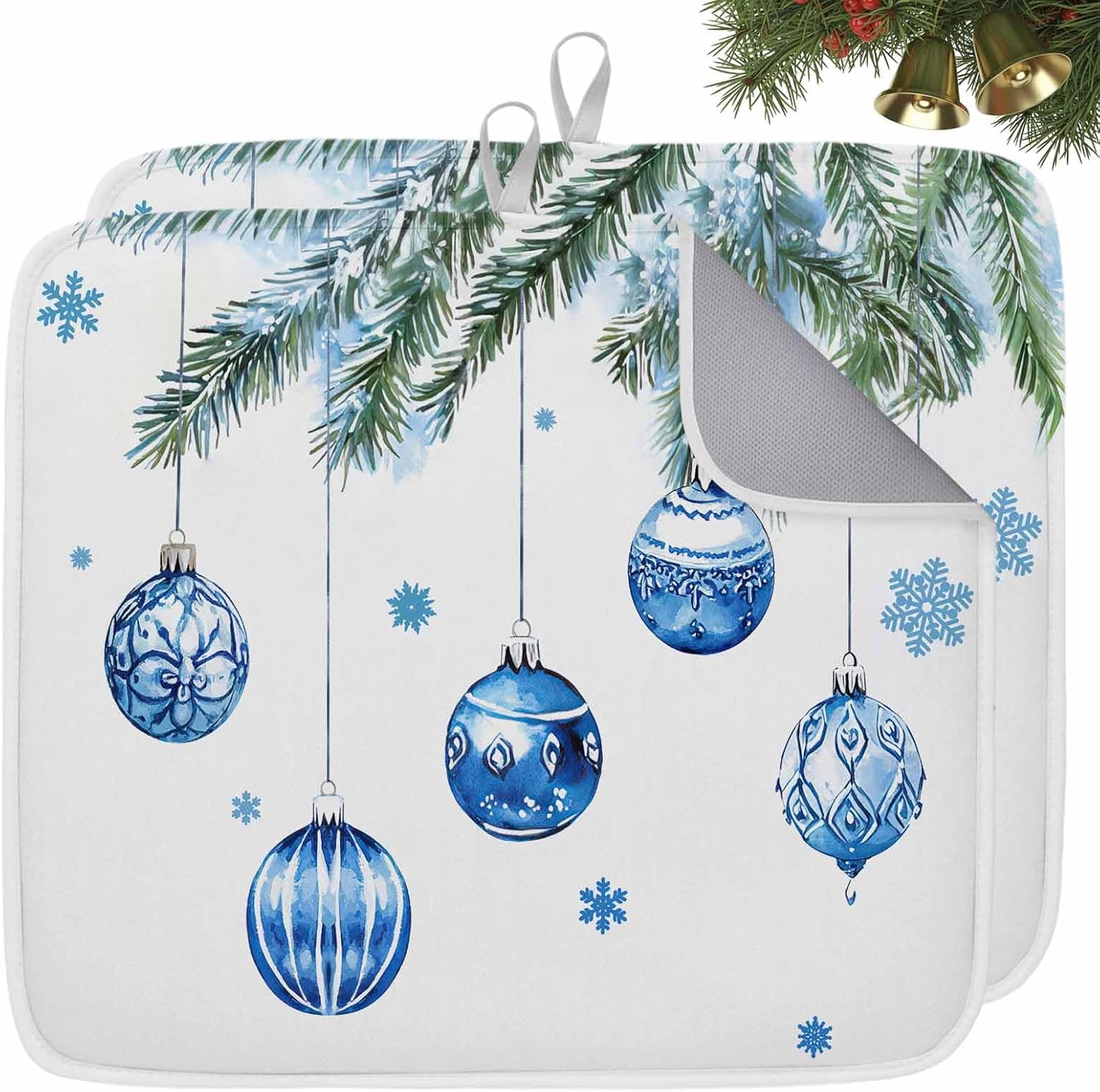 Christmas Ornament Blue Ball Snowflake Dish Drying Mats for Kitchen Counter,Absorbent Microfiber Dish Drainer Rack Mat Pine Needles Leaves on White Drying Pad for Sinks,Utensils,Countertops,18x24in
