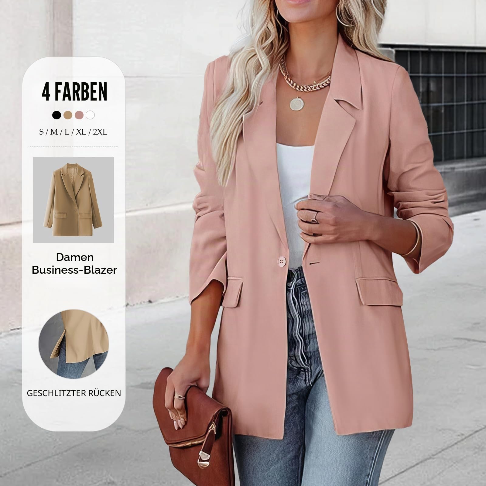 Damen-Blazer - Locker Sitzende, Einreihige Anzugjacke mit Offener Vorderseite für die Arbeit, Langärmelige Businessjacke mit Reverskragen