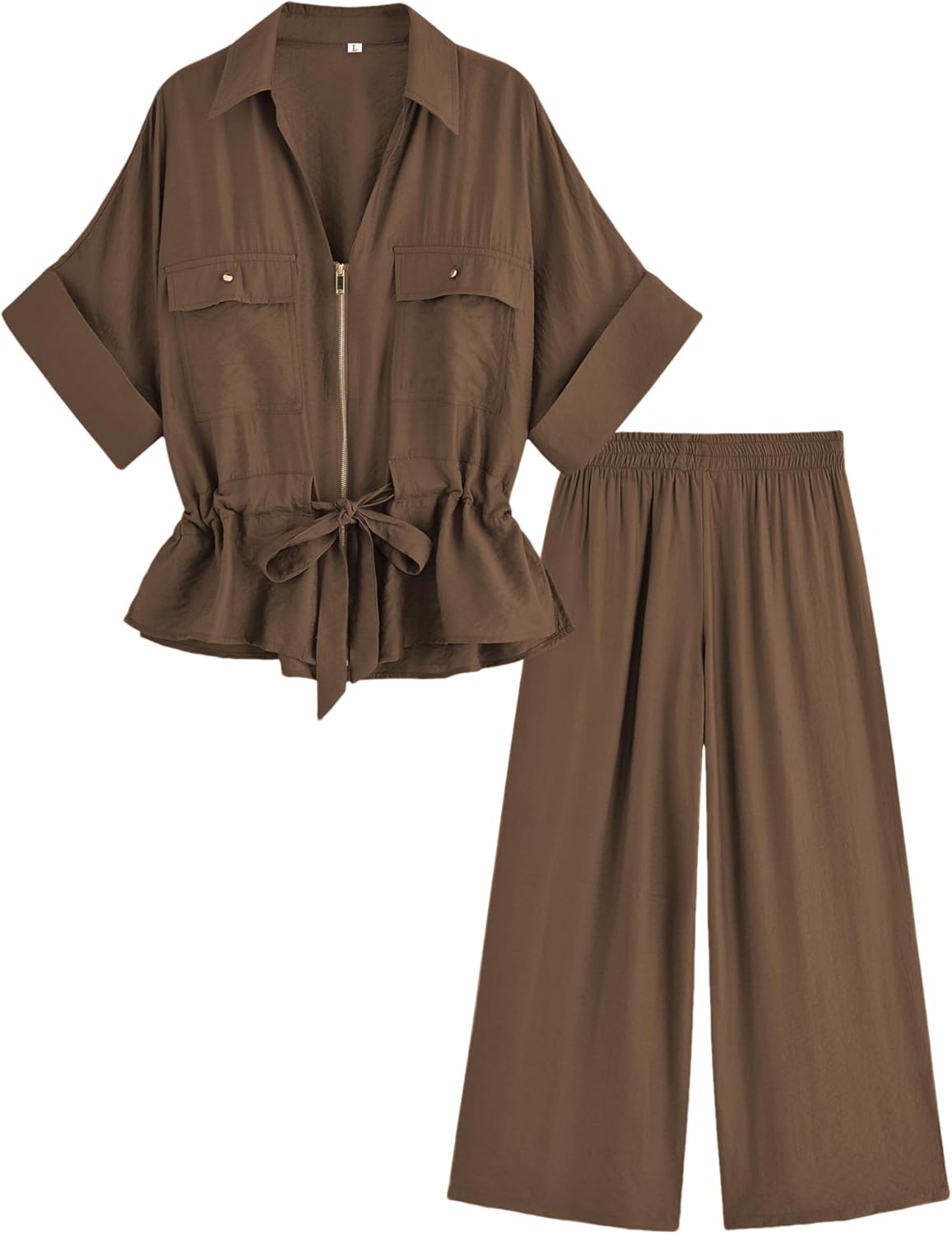 Mingzhu Women's 2 Piece Linen Outfits Short Sleeve Zipper Drawstring Waist Safari Shirts Wide Leg Pants With Pockets