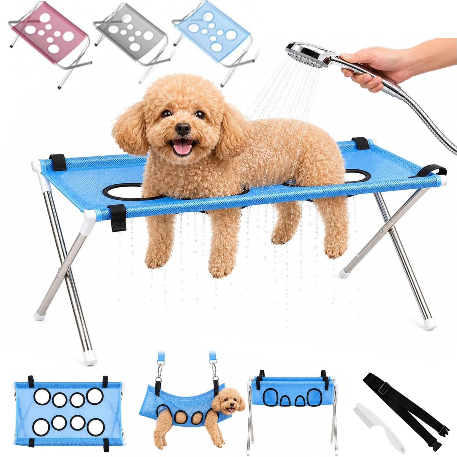 FIENZA Dog Bath Hammock with Foldable Pet Bathing Stand, Pet Grooming Hammock for Small/Medium Dogs and Cats, Mesh Bath Support for Nail Trimming, Bathing, Grooming & Pet Care (C-Blue)