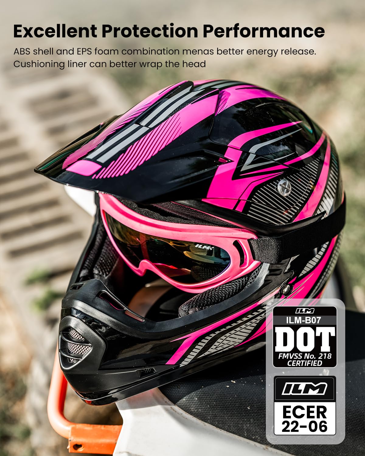 ILM Dziecięcy Kask Motokrosowy Dirt Bike dla Chłopców i Dziewcząt dla Młodzieży Unisex Homologowany ECE22.06 Full Face Off Road Rower Górski ATV Enduro MTB z Okularami i Rękawiczkami Model B07, Czarny