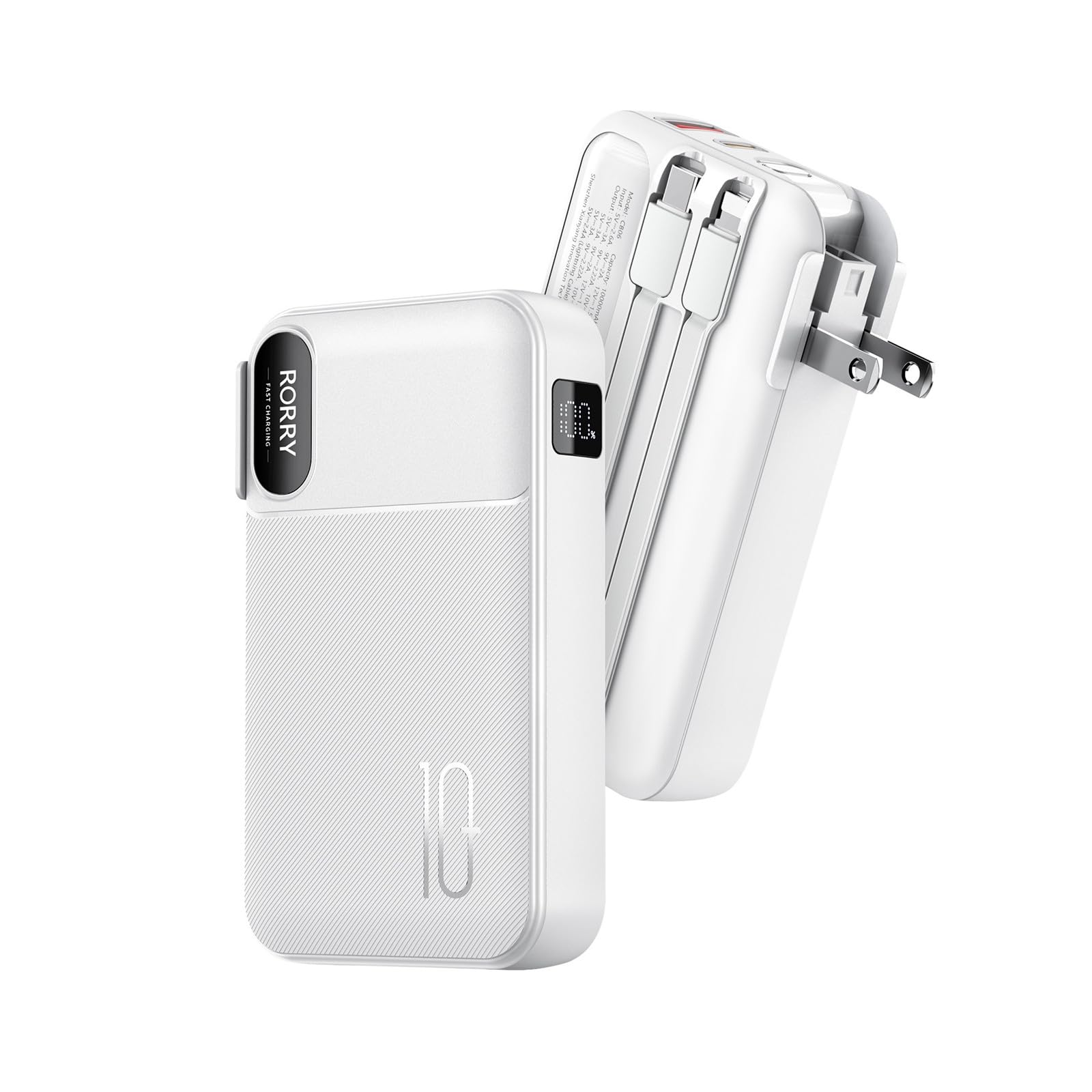 RORRY Portable Charger Built in Cables, AC Wall Plug In Portable Charger Power Bank 10000mAh Travel Battery Pack 22.5W Fast Charging for iPhone 16/15/14 Samsung Galaxy S24/S23/S22 Pixel LG iPad, White