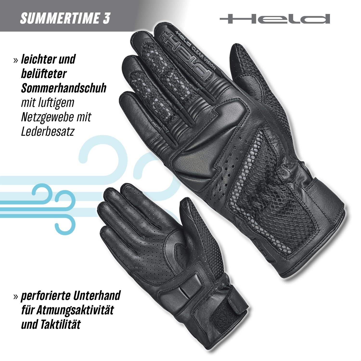 Held Summertime 3 Guanti Moto traforati, nero, L-10