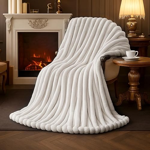 Faux Fur Throw Blanket for Couch, Cozy Fuzzy Fluffy Fur Luxurious Soft Striped Plush Gift Blankets for Family Sofa Chair Bedroom, 55"x70", Ivory