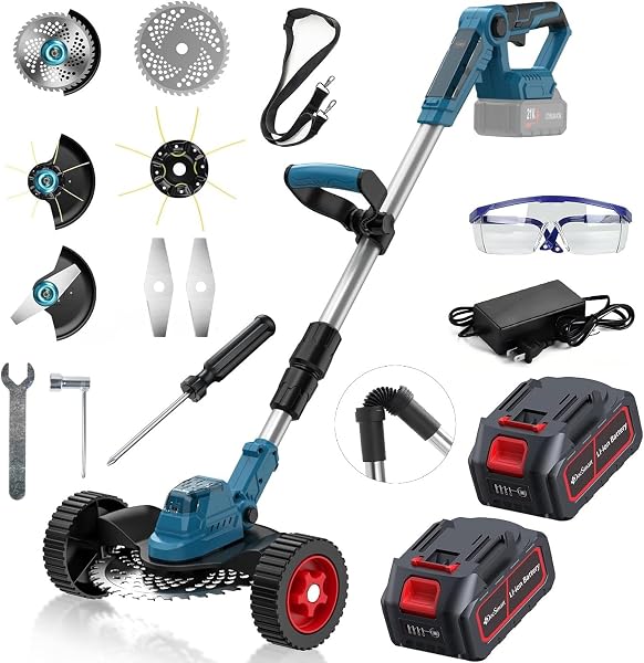 Débroussailleuse sans fil 21 V brushless, 3 lames, manche télescopique, lot de 2 batteries 4,0 Ah