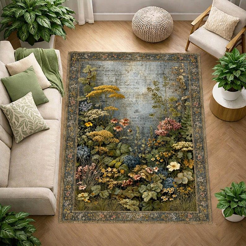 Tapis de salon botanique bleu vert 150x150cm | Carpette lavable