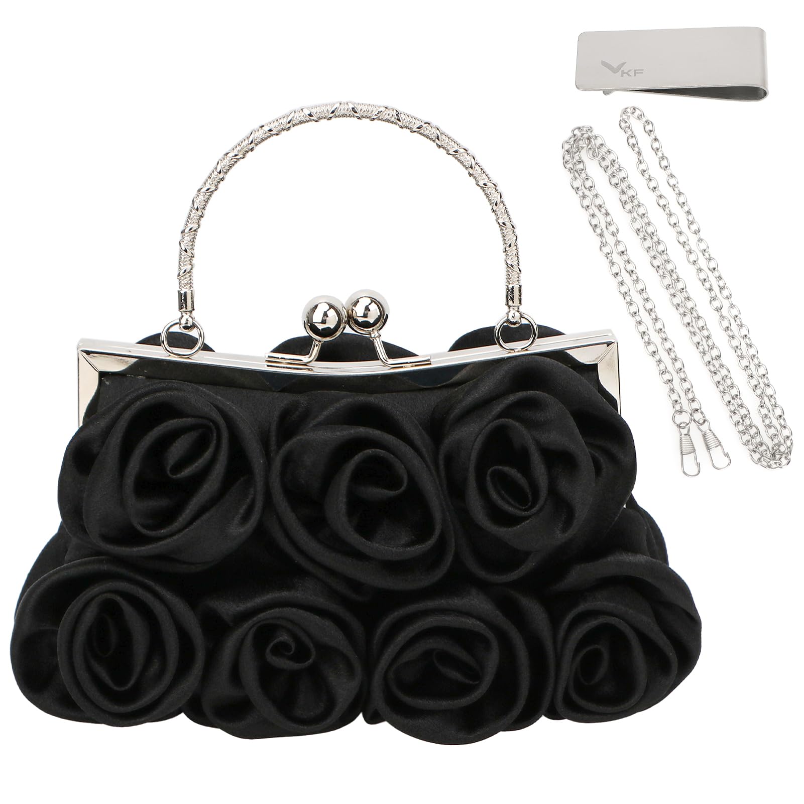 kilofly Rose Clutch Evening Purse Satin Small Bag with Detachable Strap Money Clip