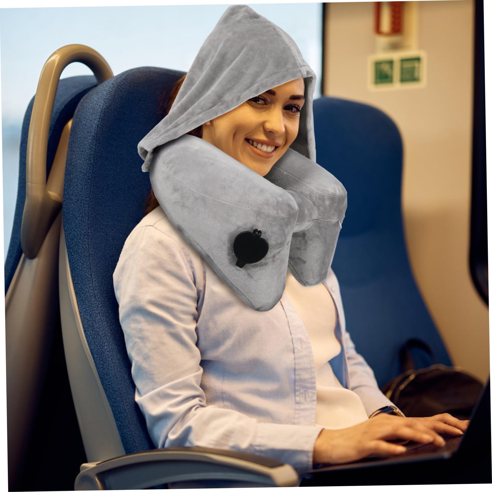 Gatuida Almohada de Viaje Cuello Inflable con Capucha para Soporte Cervical Coche o Avión Almohada de Viaje Inflable Cómoda