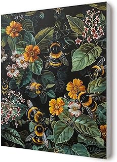 Bee Wall Decor, Vintage Floral Bumblebee Canvas Wall Art Prints, Cottagecore Room Decor, Dark Cottagecore Botanical Wall Decor Posters for Bedroom Living Room, 11x14 Inch Framed