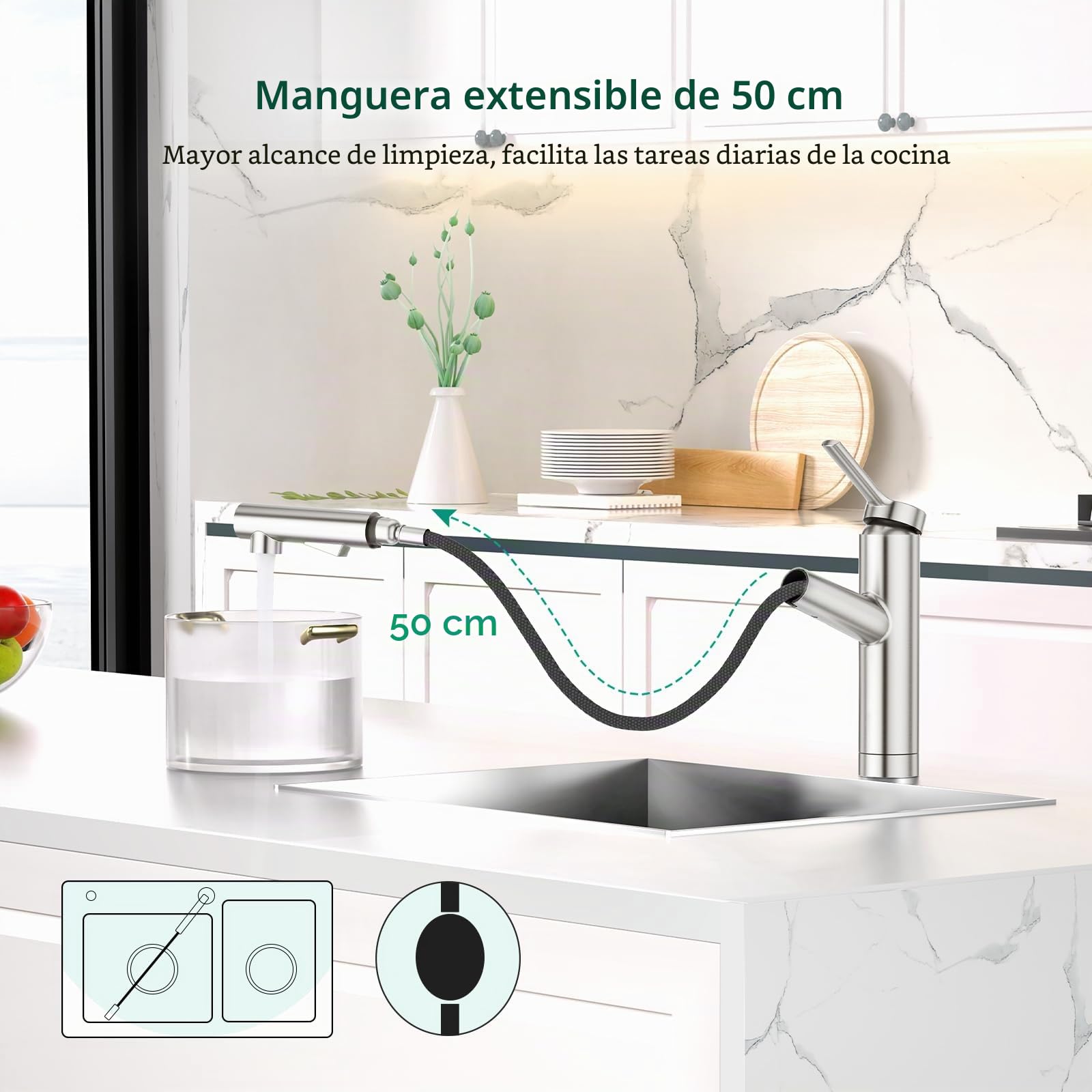 CREA Grifo Cocina Extraible, Grifo de Cocina con 2 Modos de Ducha, Grifo para Fregadero Giratorio a 120°, Grifo Mezclador Cocina con Ducha Extraíble,Acero inoxidable