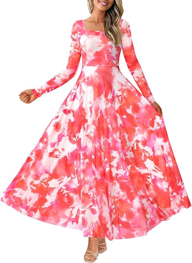 BTFBM Women Maxi Dress Fall 2025 Fashion Elegant Long Sleeve Square Neck Floral Print Party Club Wedding Guest Dresses