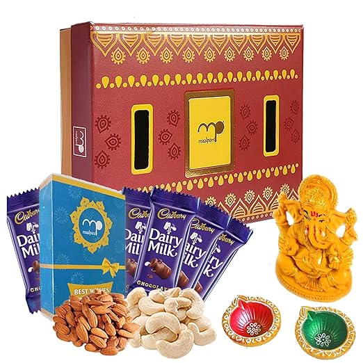 Maalpani Diwali Dry Fruits and Chocolate Gift Hamper Pack | 5 Dairy Milk Chocolate and 50g Cashew and 50g Almonds | Festival Pooja Box | Diya - Tealight Candle Gifts