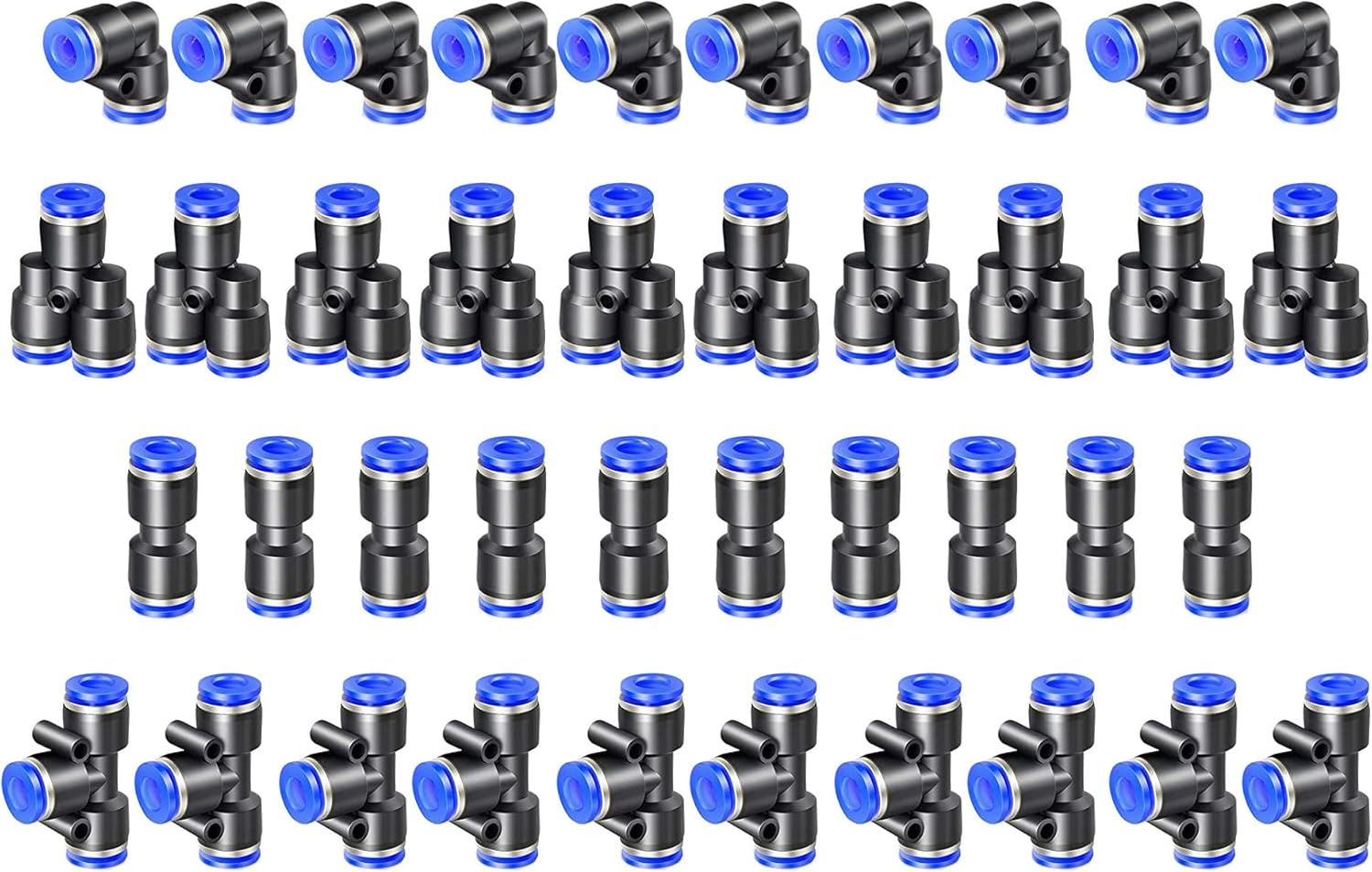 40 Pieces Pneumatic Connector 6 mm OD Pressure Fittings Kit Pneumatic Fittings, OD 6 mm Quick Couplings Compressed Air 10 Elbows /10 Straight/10 Dividers/10 Tees Blue