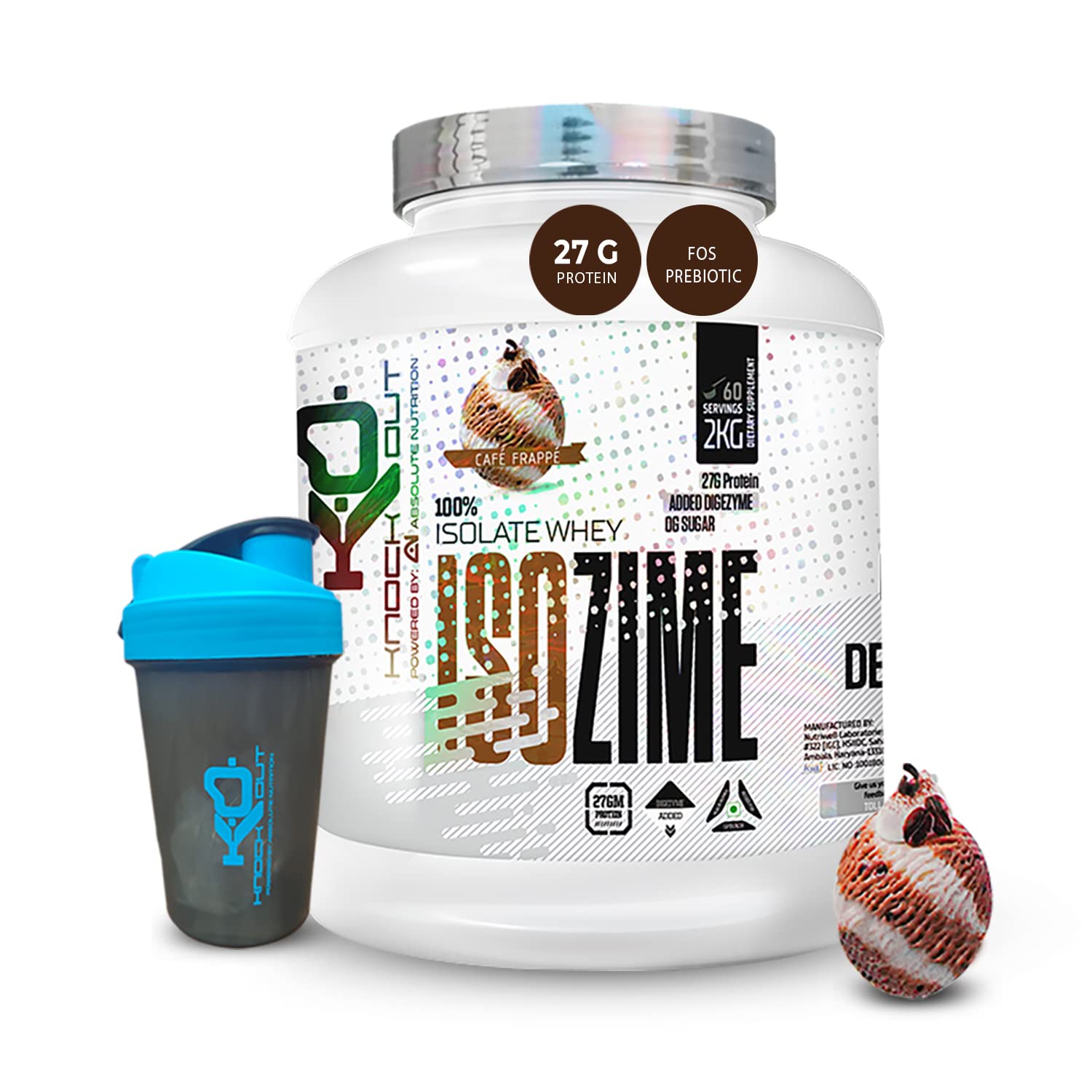 ABSOLUTE NUTRITION Knockout |Isozime |100% Whey Isolate| 27g Protein |Muscle building, Strength Endurance |Amino Profile|Digezyme for absorption - 2kg Café Frappe with Free Shaker