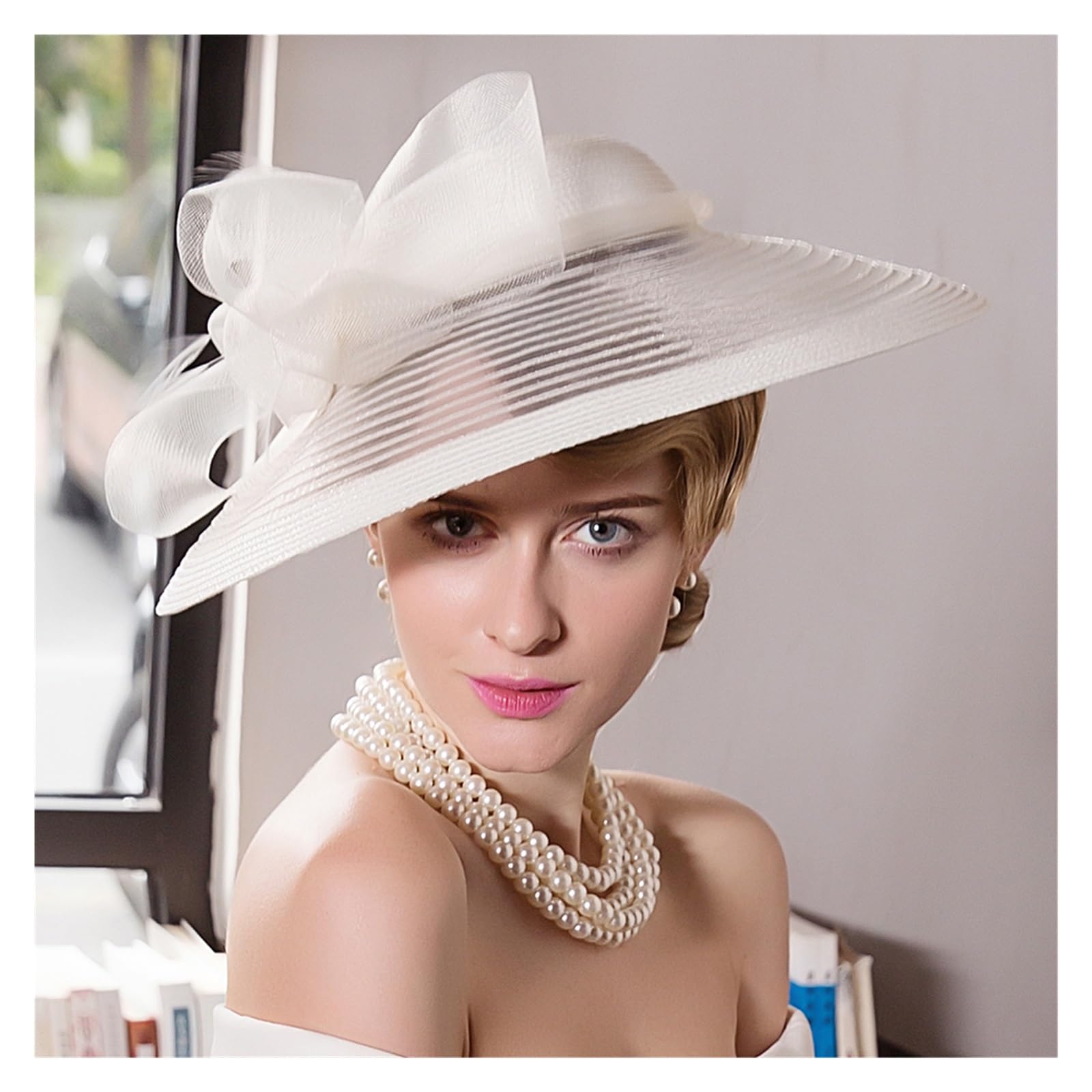 Chapeau De Mariage Elegante Cappello da Cerimonia del tè Kentucky, Bianco, for Donna, a Tesa Larga, Stile Fedora, for Abito Chiesa(Deep Blue)