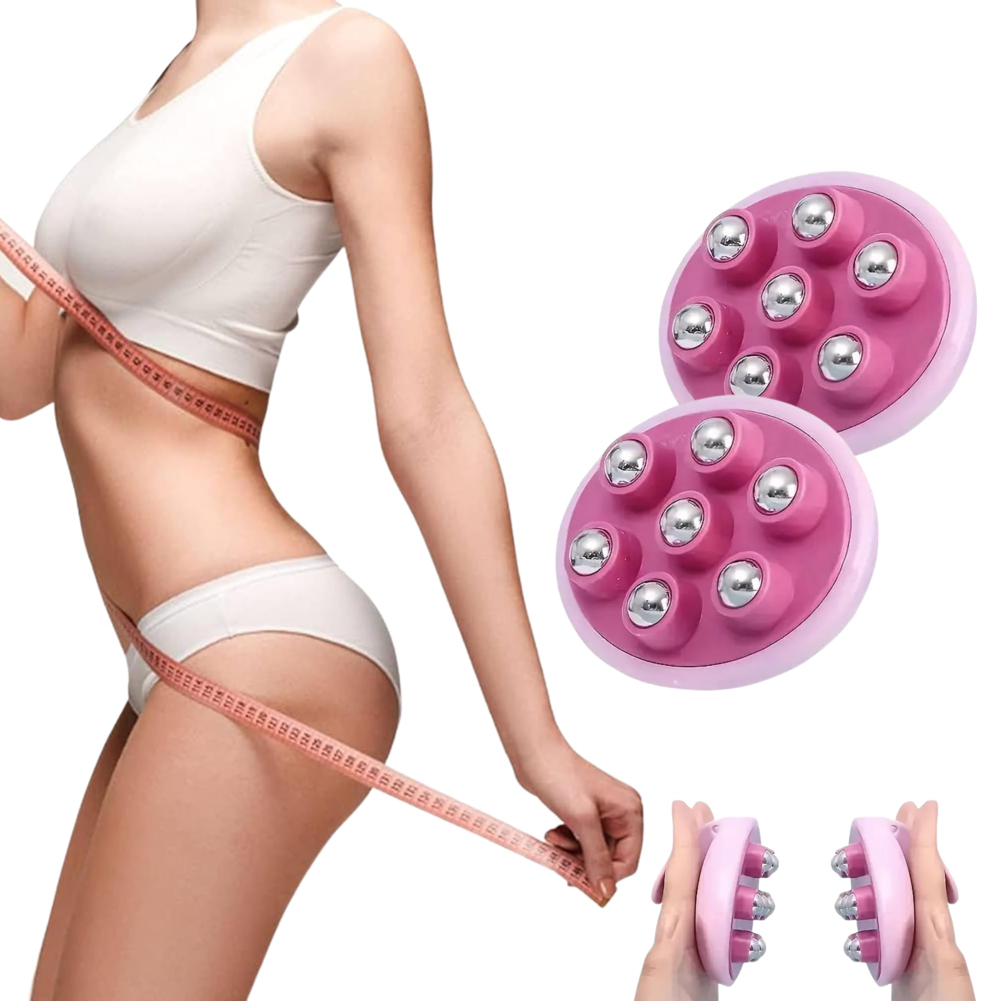 Anti-cellulite massager, manual, 2 pieces, with 7 stainless steel rollers 360° legs, glutes, cellulite, lymphatic drainage, massage roller for applying firming creams, anti-cellulite pink