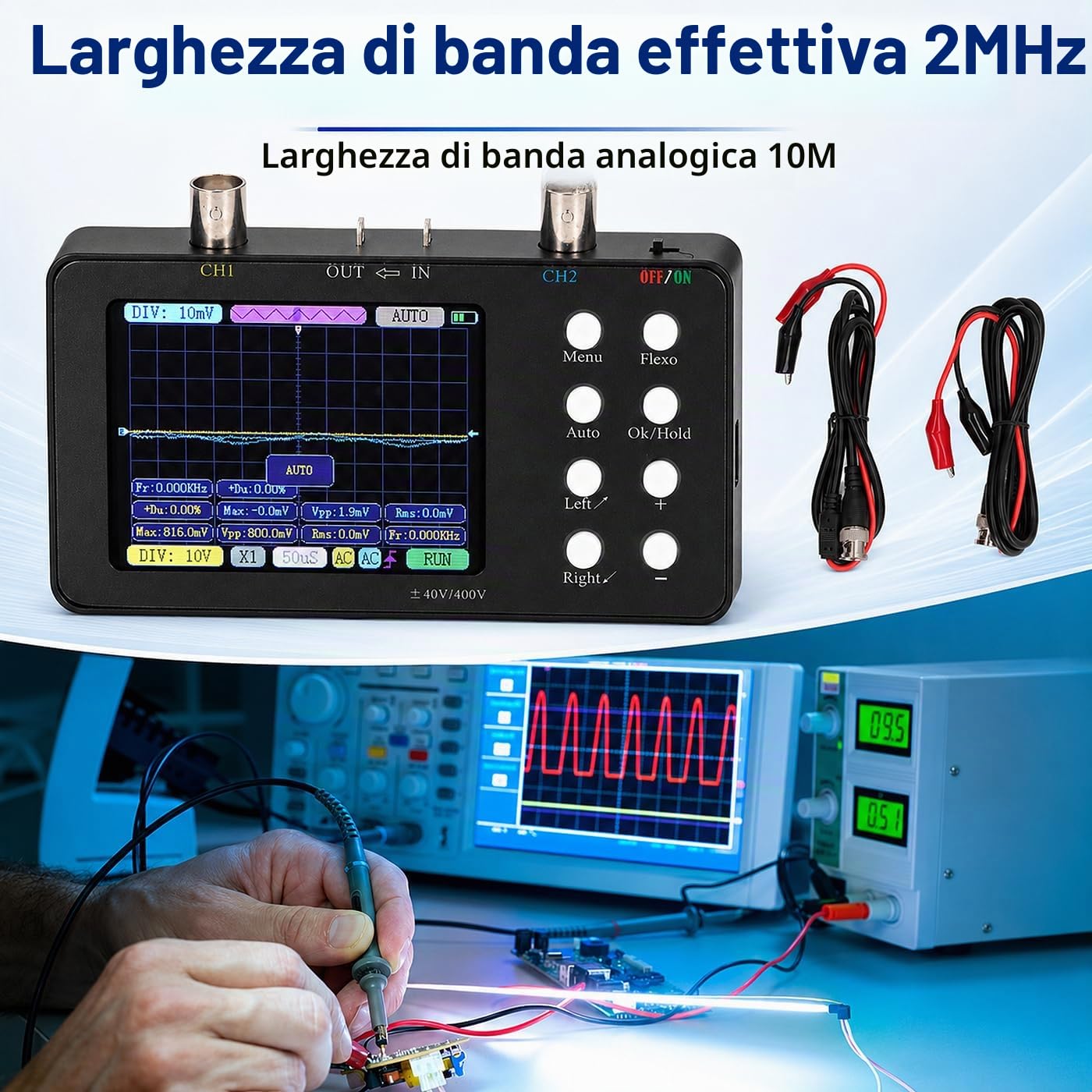Fyearfly Oscilloscopio A Doppio Canale, Oscilloscopio Digitale Multimetro Generatore di Segnale Portatile A 2 Canali Larghezza di Banda 2 MHz con Display LCD Retroilluminato + Clip A Coccodrillo