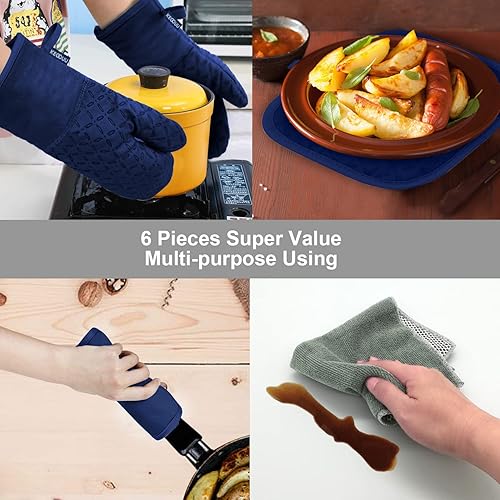 Miniatura 7 de KEGOUU Juego de 6 manoplas para horno y soportes para ollas, guantes para horno de cocina, resistentes al calor, 500 grados, extra largos,