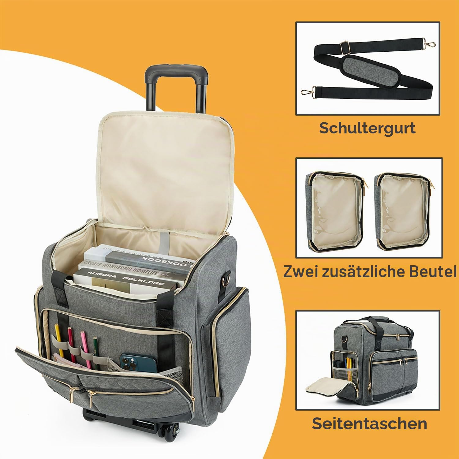 Arxus Lehrertasche Trolley mit 4 Rollen - Kunst Tragetasche für Damen mit Abnehmbarem Rollwagen, Robuste Aktentasche mit Gepolsterten Taschen für 15,6 Zoll Laptop und Lehrerbedarf, Grau