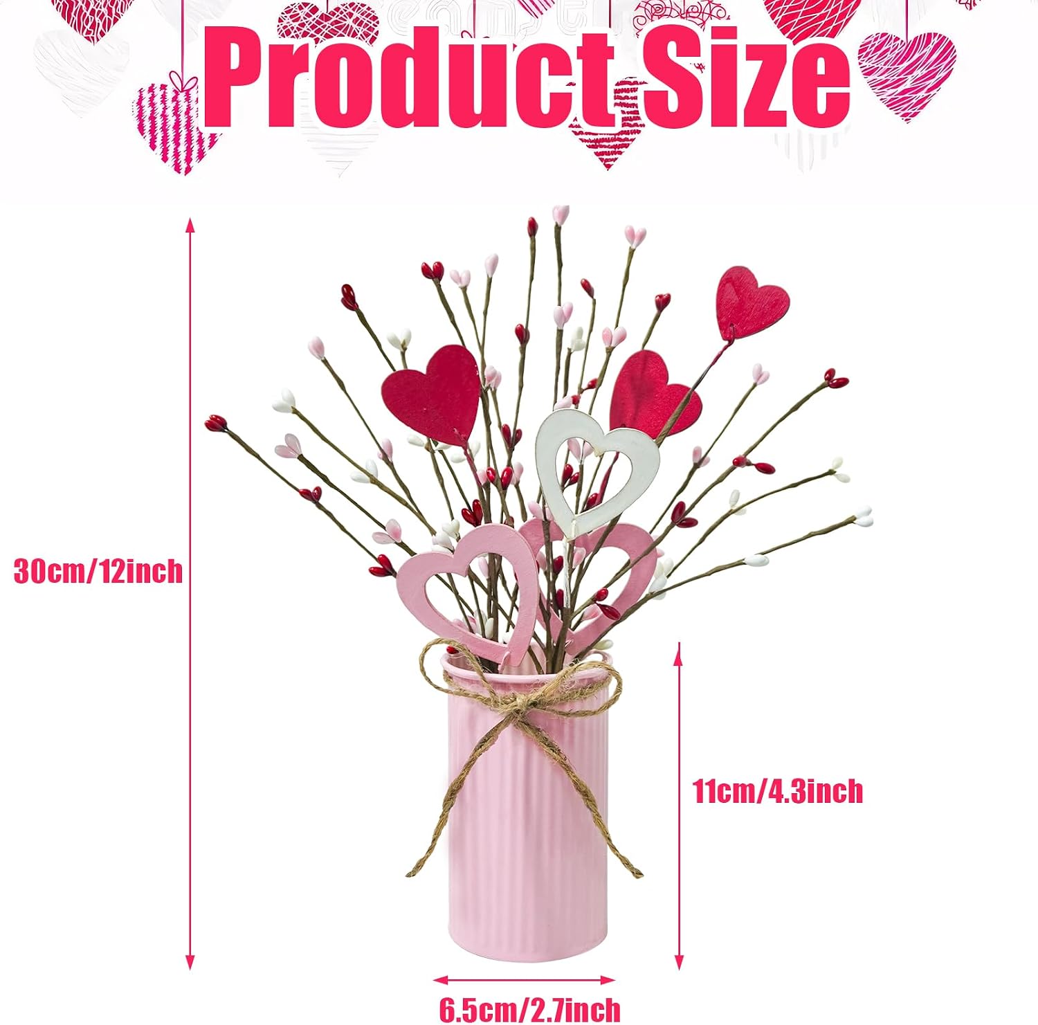 4 Sets Valentine's Day Table Centerpiece Red Pink White Wood Heart Berry Stems Picks with Metal Pot Artificial Valentine Flowers Floral Arrangement for Wedding Party Fireplace Decor