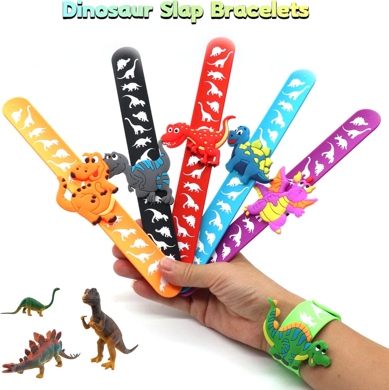 LOCHSOEL Dinosaur Slap Bracelets- Silicone Wristbands Adjustable Classroom Prizes,Carnival Games Birthday Gifts for Adults (6Pack)