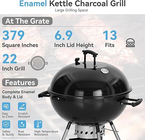 Miniatura 2 de GREEN PARTY Parrilla de barbacoa de carbón de 22 pulgadas con ruedas, parrilla de carbón portátil con tapa esmaltada de porcelana y colector de