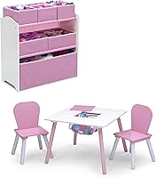 Delta Children 4-Piece Toddler Playroom Set: Table, 2 Chairs & 6-Bin Toy Organizer, Pink/White - Ages 2+