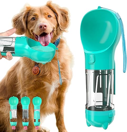 Botella de agua para perros a prueba de fugas, 12 onzas, portátil, 3 en 1, dispensador de agua para mascotas con cuenco y soporte para bolsa de