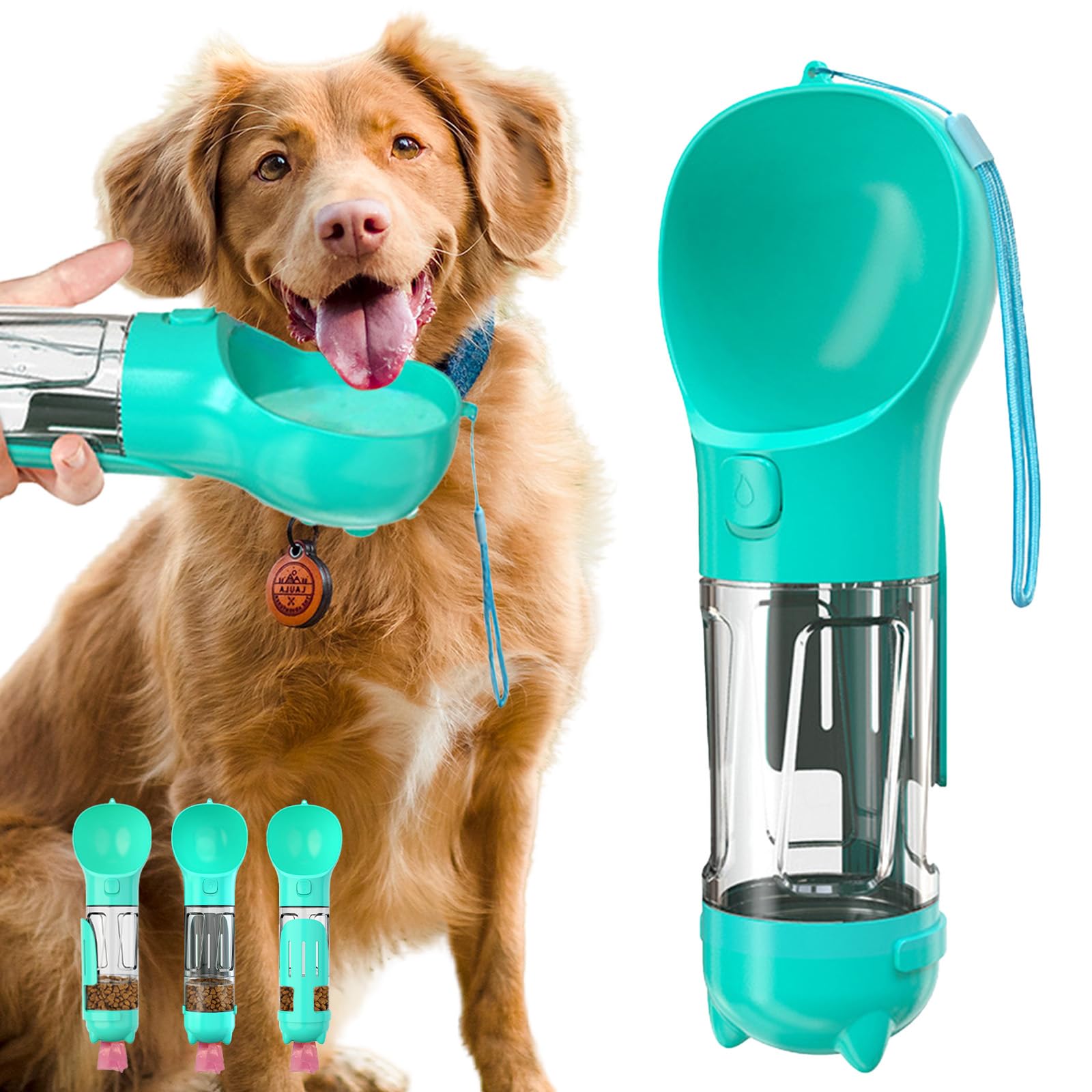 Portable Dog Water Bottle with Feeder and Waste Kit, 12.1oz, Lake Blue