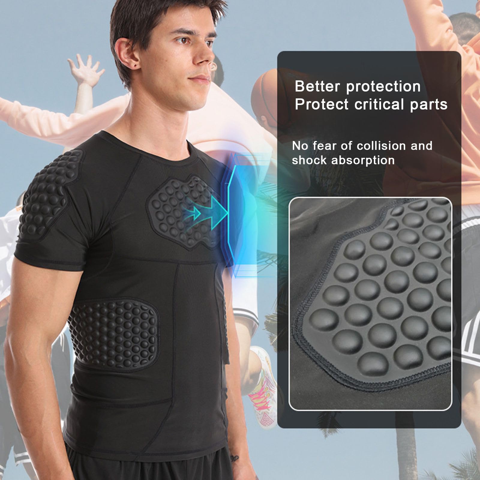 Hotfiary Herren gepolstertes Kompressions Shirt für Fußball Paintball Baseball Basketball, 6-Pads Kurzarm Fußball Rippe Brustschutz, Fußball Schutzausrüstung Herzschutz Sternum Schutz