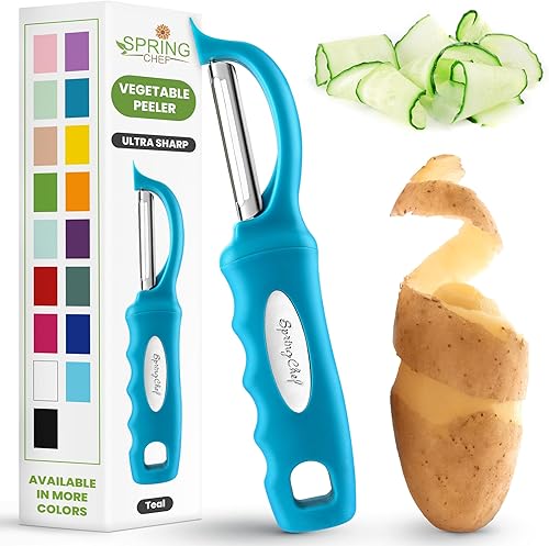 Miniatura 24 de Spring Chef Pelador de verduras giratorio profesional rojo para cocina, peladores de papas de acero inoxidable con mango de agarre suave, perfecto