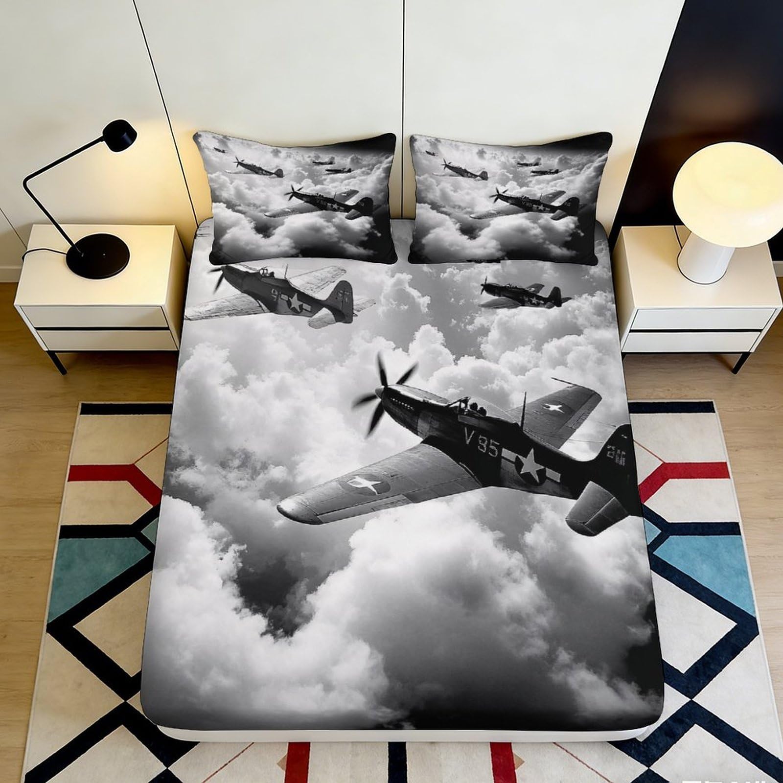 3D Printed Warplane Cloud Scene Fitted Sheet Microfiber Soft Breathable Fighter Jet Bed Cover for Bedroom Dorm Mattress Protection Decor 90x200x25cm