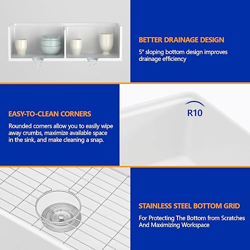 Miniatura 4 de Dcolora Fregadero blanco de 33 pulgadas con estación de trabajo 5050, fregadero de cocina de granero, delantal plano frontal de arcilla refractaria