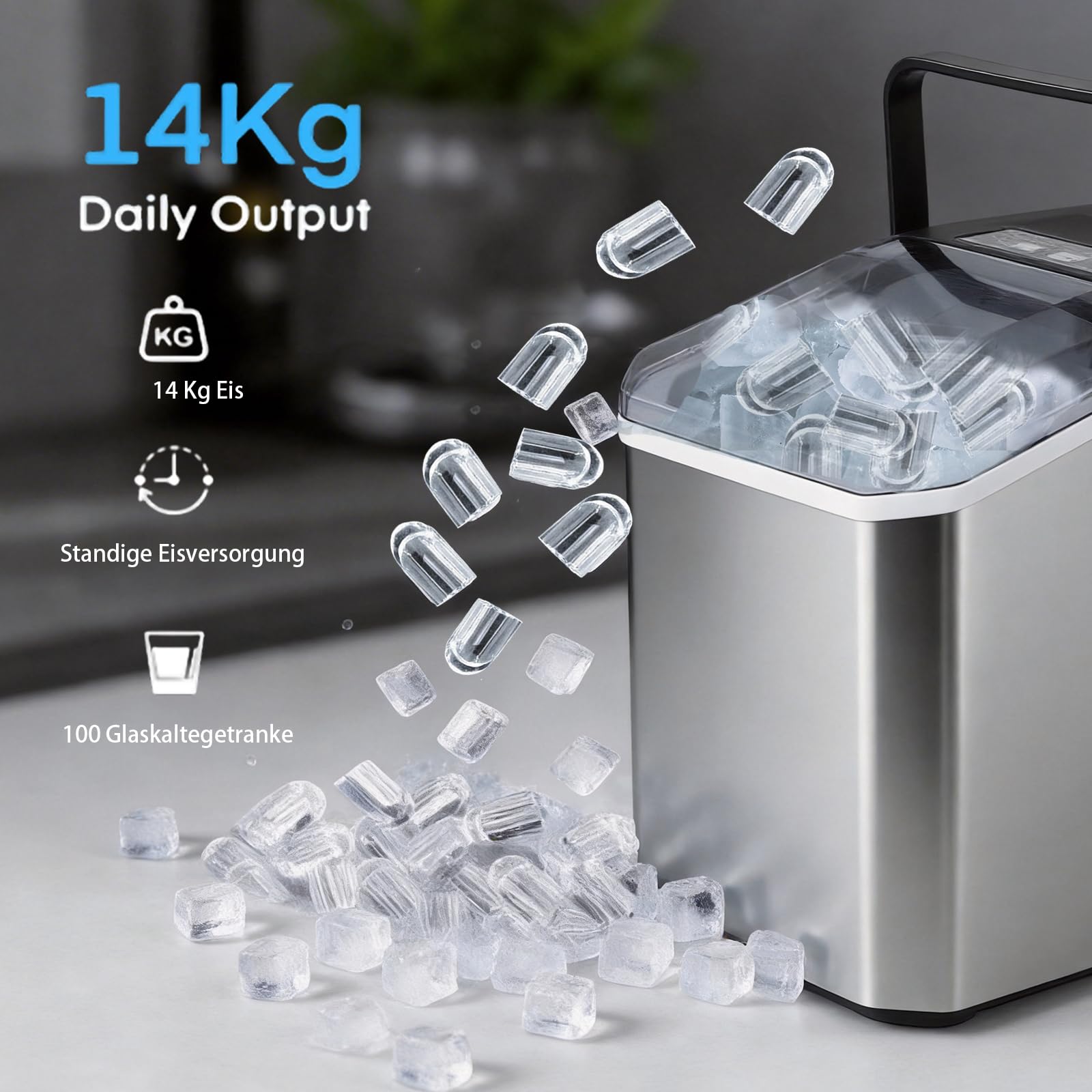 Eiswürfelmaschine 24 Stunden, 9 Eiswürfeln in nur 6 Min., 2 Größen von Bullet Ice, Selbstreinigender Eiswürfelbereiter Kleine 14kg, Mit Tragegriff, Eisschaufel u. Korb, Ice Maker für Party Büro RV