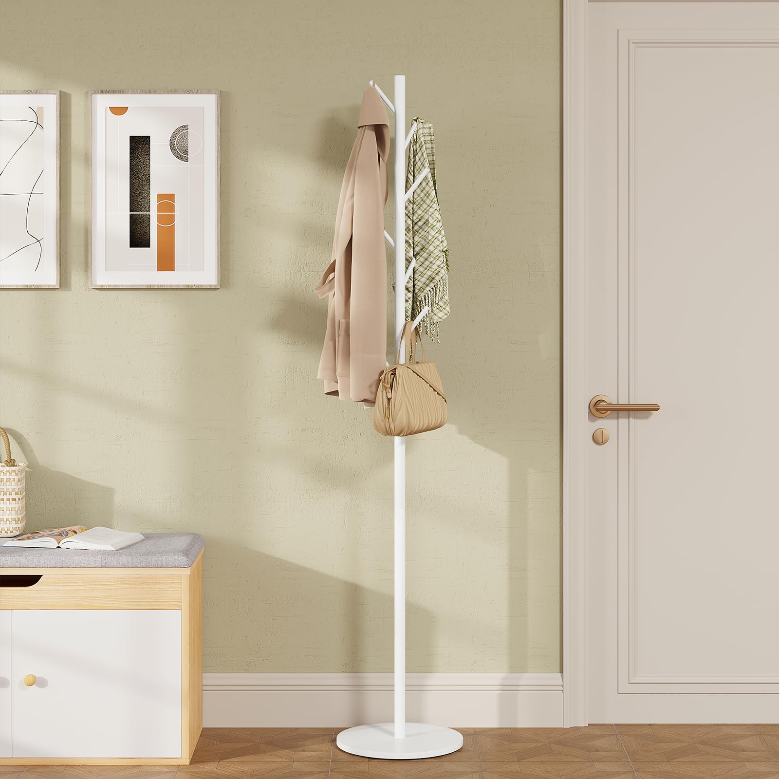 eSituro Appendiabiti, Attaccapanni in Metallo con 8 Ganci, Appendiabiti da Terra a Forma di Albero con Base in Marmo, Portabiti Indipendente Bianco per Soggiorno/Camera da Letto/Corridoio, 32x32x172cm