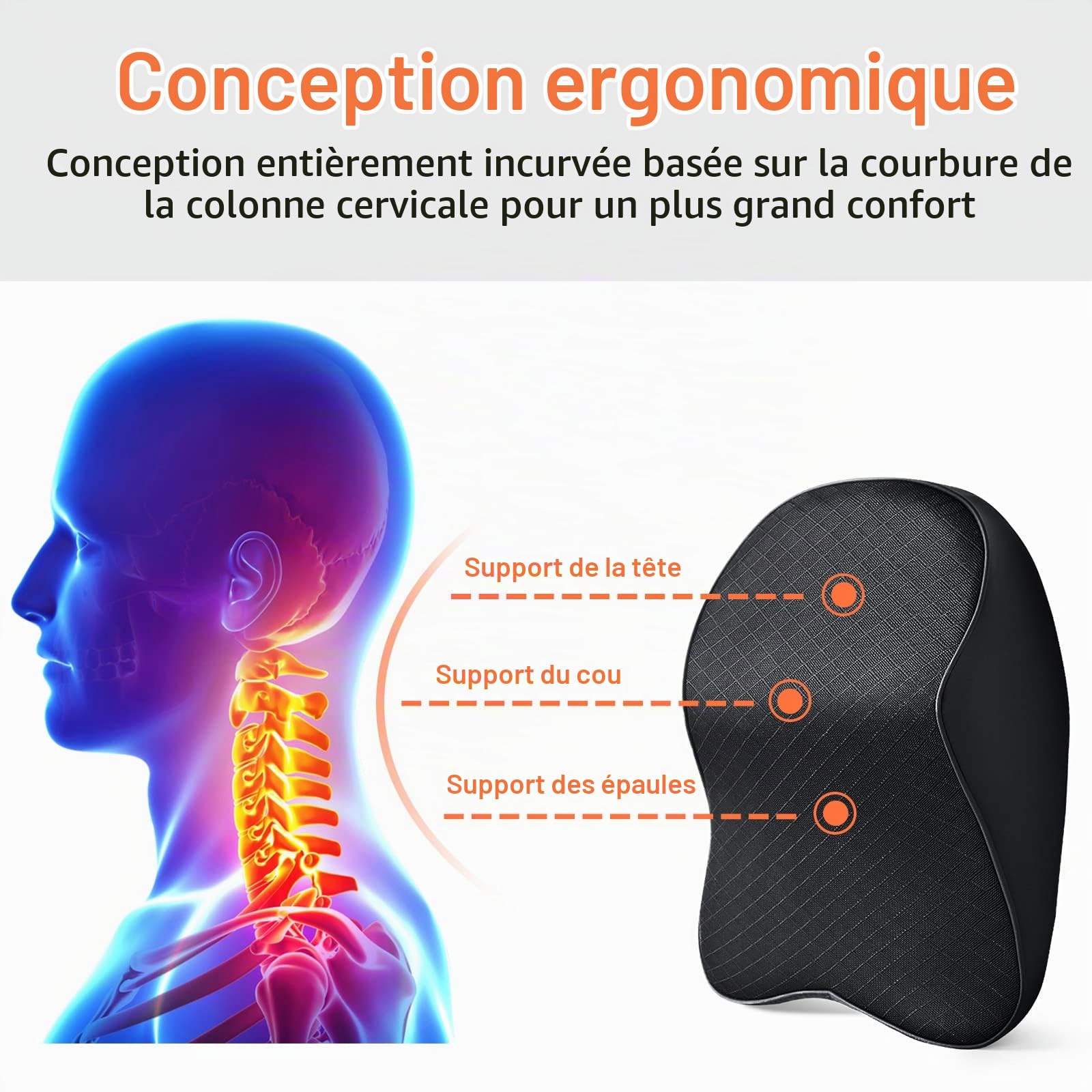ZATOOTO Coussin Cervicales Voiture，Mousse à Mémoire de Forme, Respirant | Noir, Housse Respirante Lavable, Soutien Tête-Épaules-Cou, Réduit la Fatigue, Appuie Tete pour Repos & Longs Trajets