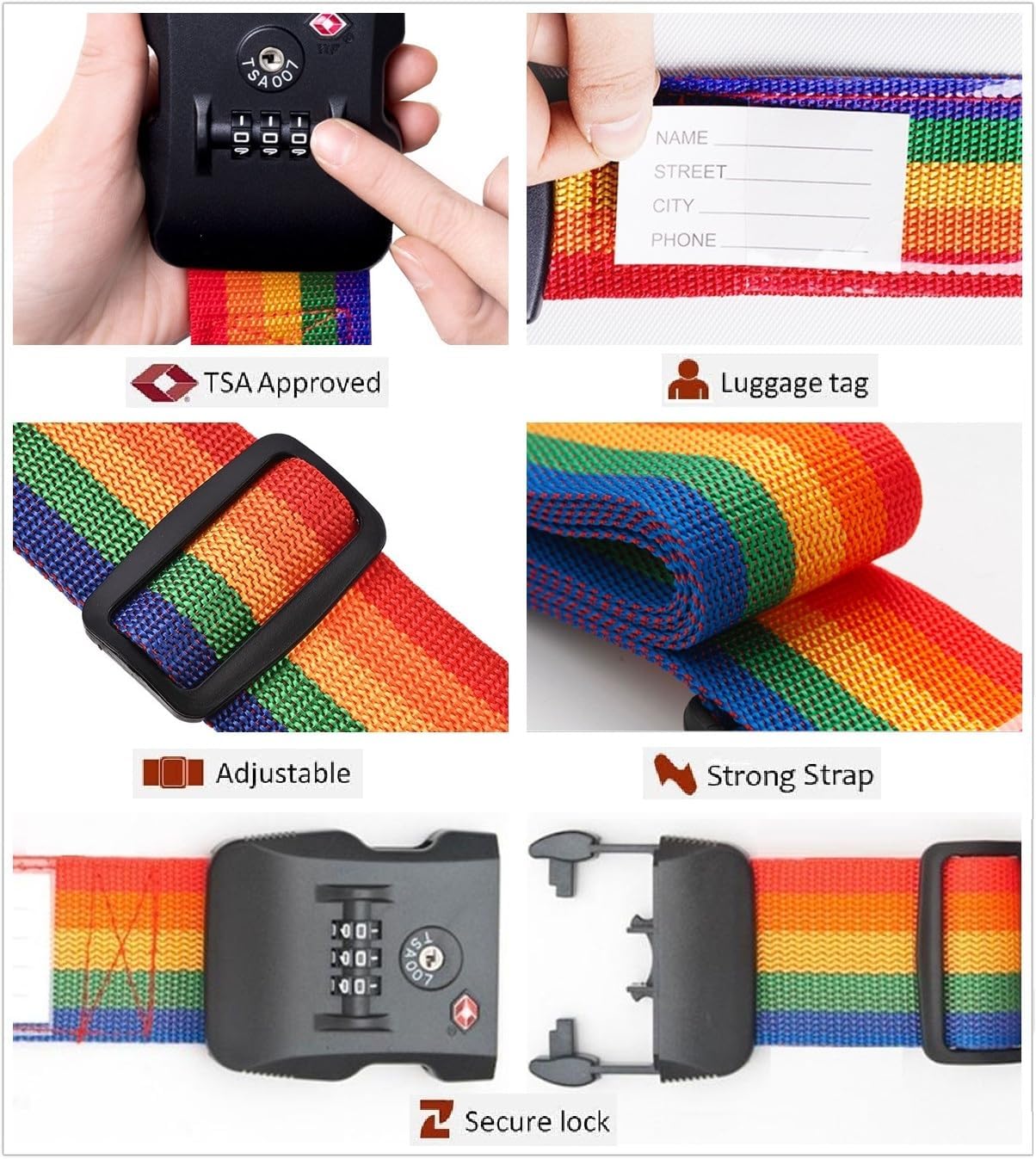 Travel Luggage Strap Adjustable Suitcase Packing Belt with TSA Combination Lock 2 Pack Rainbow 2P
