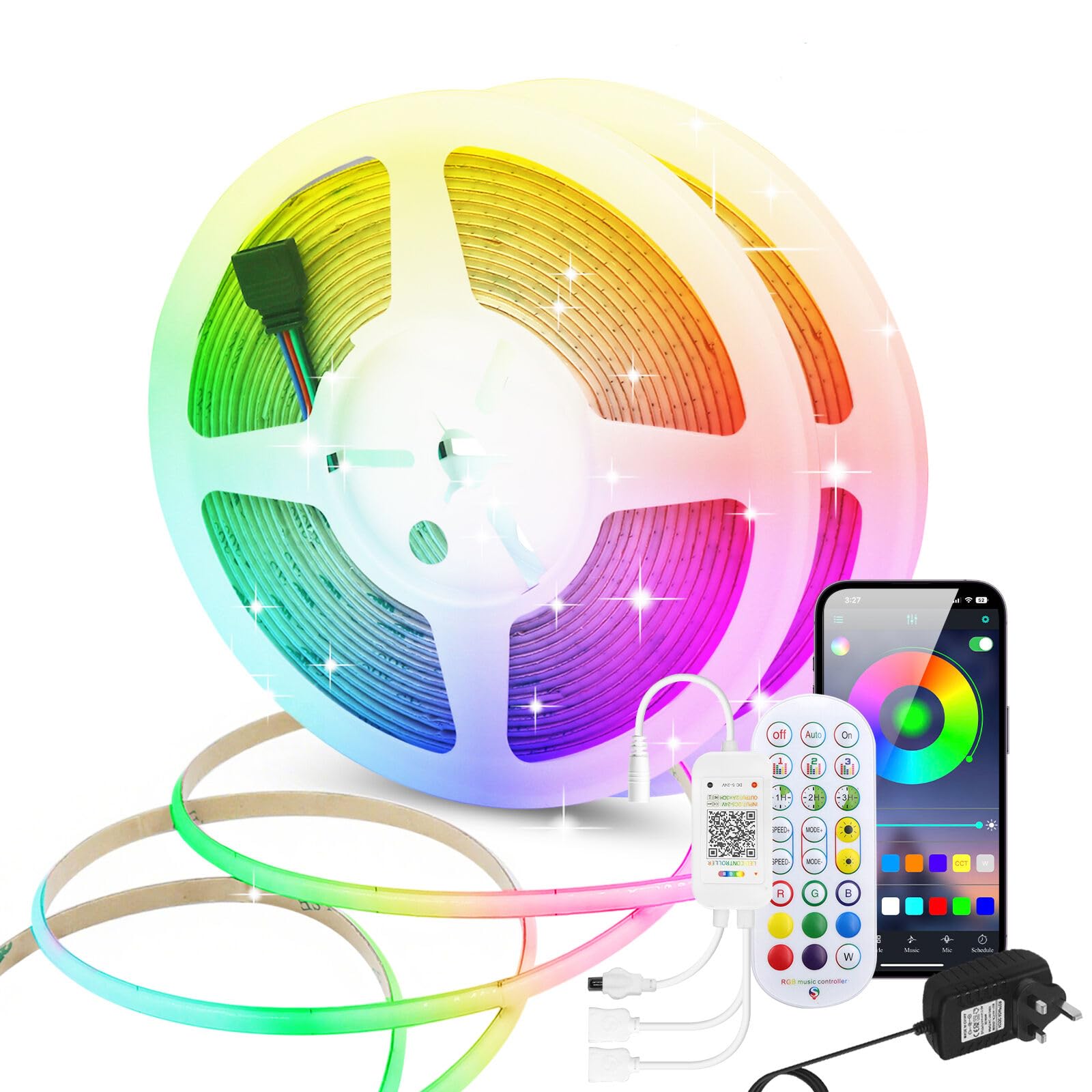 KISUFU 12V RGB COB LED Strip Light, 576 LEDs/m Dimmable Colour-Changing Light Strip with 24 Key IR Bluetooth Music RGB Controller for TV, Bedroom, Home Decor, Party.