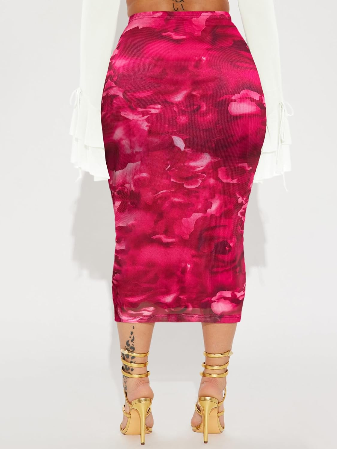 Women's Floral Print Mesh Long Skirt High Waisted Bodycon Pencil Maxi Skirts - Image 2