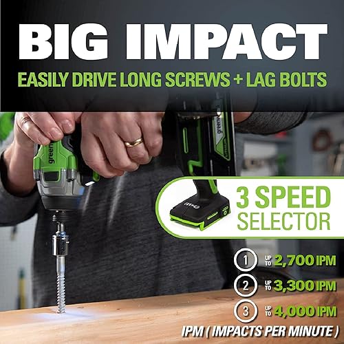 Miniatura 7 de Greenworks Taladro / controlador de 24 V sin escobillas de 310 pulgadas/libras + kit combinado de destornillador de impacto de 2650 pulgadas/libras,